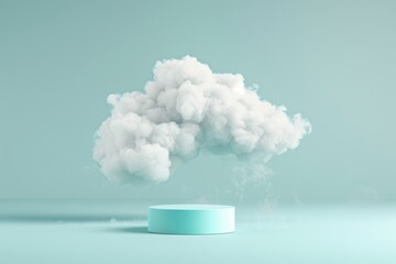 Beauty premium pedestal display with a dreamy land and fluffy clouds. Minimal blue sky and clouds scene for present product promotion. Concept of a romantic land of dreams.