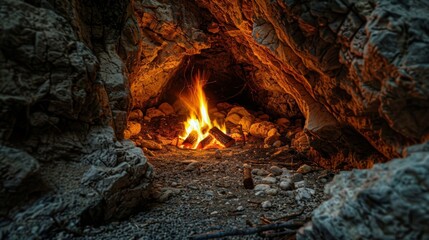 A small fire crackling in the corner of the cave providing a cozy atmosphere and a place to roast marshmallows for smores.