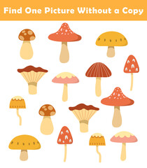 Find One Picture Without a Copy for Preschool Children. Find same picture worksheet for kids. Worksheet for kindergarten-aged children with cute mushroom illustration.