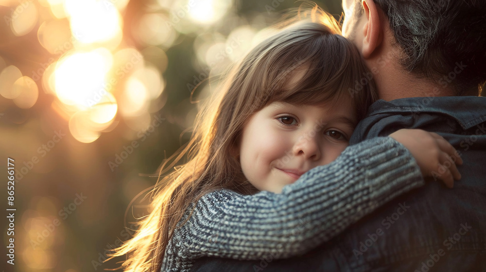 Canvas Prints Close-up portrait of happy girl hugging young father, looking at camera, family image concept.