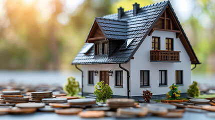 House mockup with coins, real estate investment concept. Credit, bank and money concept.