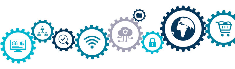 Digital Technology vector illustration with icon of document management system, AI, cloud computing, internet of things IOT, e-commerce, social media, cyber security, metaverse on white background.