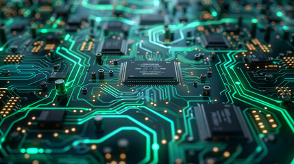 Fototapeta premium Detailed view of intricate technology circuit board with complex pathways and components in green and blue hues.
