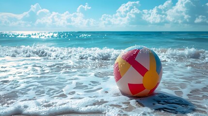 Floating Beach Ball in Ocean: A colorful beach ball floating on gentle ocean waves, with a tropical beach in the background.
