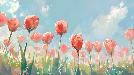 Fototapeta premium Vibrant Pastel Tulip Fields Under Light Blue Sky in Springtime Landscape