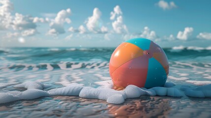 Obraz premium Floating Beach Ball in Ocean: A colorful beach ball floating on gentle ocean waves, with a tropical beach in the background. 