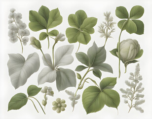 Obraz premium A white background hosts a detailed botanical illustration with shades of light gray and green.