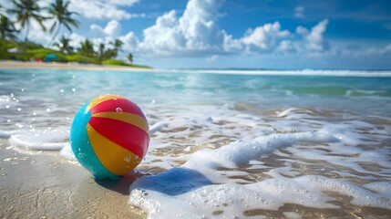 Obraz premium Floating Beach Ball in Ocean: A colorful beach ball floating on gentle ocean waves, with a tropical beach in the background. 