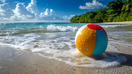 Obraz premium Floating Beach Ball in Ocean: A colorful beach ball floating on gentle ocean waves, with a tropical beach in the background. 