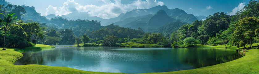 Fototapeta premium Tranquil nature retreat for relaxation, meditation, and rejuvenation in a lush green forest by a peaceful lake.