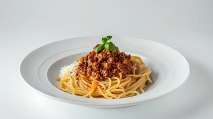 A classic spaghetti bolognese with a rich meat sauce, garnished with fresh basil on a pristine white plate.