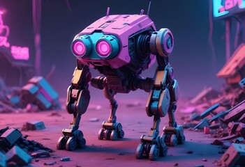 Fototapeta premium very cute four leg robot with heavy legd, pink lights, in a cyberpunk sci-fi junk dump
