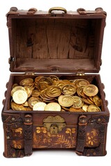 An open treasure chest filled with gold coins, isolated on a white background, symbolizing wealth and adventure.