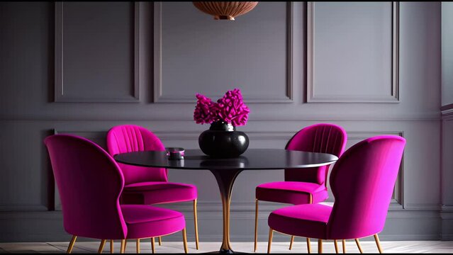 Viva magenta 2023 colour dining room. Black dark wall, white table and colorful carmine red crimson chairs. Empty wall blank for art, wallpaper or art. Modern interior with accents.Lliving room with