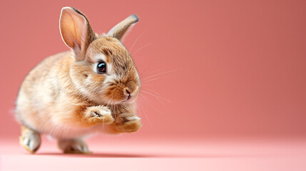 Obraz premium A bouncy brown bunny mid-hop, ears up and alert, against a soft pink background, positioned on the right side with the left side empty