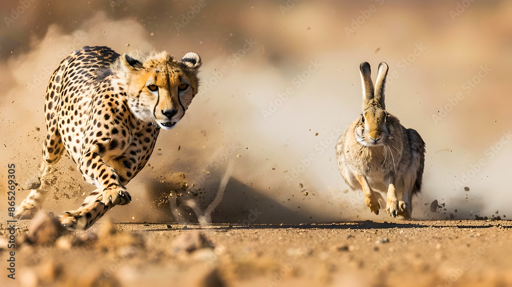 Wall mural intense chase scene of a cheetah aggressively pursuing a fleeing rabbit at high speed on a dusty dir