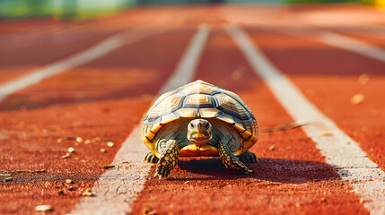 Slow But Steady Tortoise Winning the Race on Red Track   Concept of Perseverance Determination and Achieving Goals No Matter the Pace