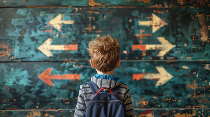 Obraz premium A child leading a group discussion or activity, with a symbol of leadership like a captain's hat or a compass pointing forward, against a minimalist background with directional arrows.