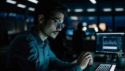 Shot of a young nerd programmer with glasses using a digital tablet and computer to work hard at night in a modern office