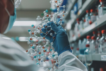 Scientist doctor hand touches virtual molecular structure in the lab.