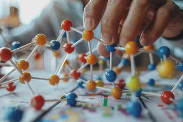 Scientist doctor hand touches virtual molecular structure in the lab.