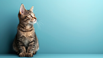 A curious tabby cat sitting upright with ears perked and eyes wide, against a light blue background, positioned on the right side with the left side empty.
