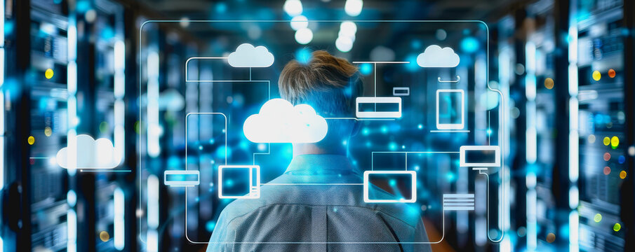 Person engaging with advanced digital cloud interface in high-tech environment.