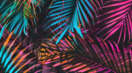 Background of palm leaves in pink and green fluorescent color. Neon colors. Nature concept.