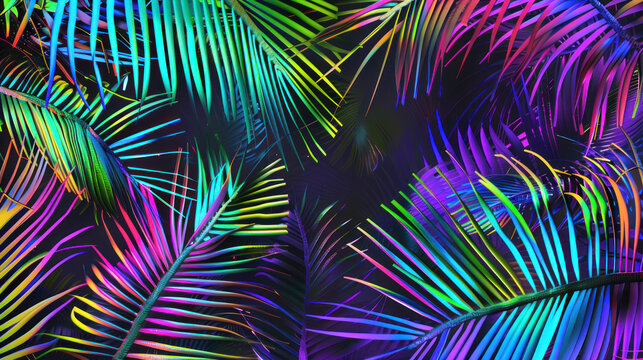Nature background of palm leaves in fluorescent color. Flat lay neon colors.