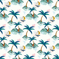 Summer tropical island seamless pattern. Vacation background design with landscape, palm trees, mountain, ocean and sailboat