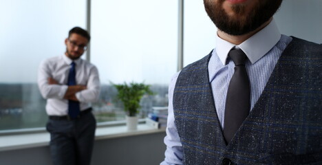 Fototapeta premium Male arm in blue suit set tie closeup. White collar management job serious move secretary student luxury formal interview executive agent marriage store corporate elegance employment preparation