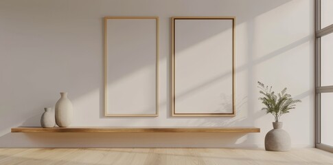 The floor is laminated wood flooring in a white living room, complete with a white blank picture frame and small timber cabinet. This is a perspective view of interior design.