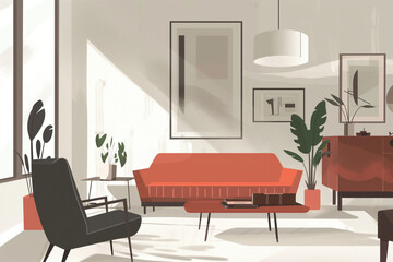 Modern living room interior design illustration features red sofa, black armchair, white tiles floor. Abstract painting hangs on wall, plant adds natural touch. Cozy space with lamp and warm glow.
