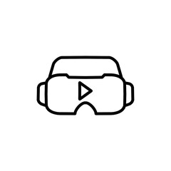 editable real line icon of virtual reality or VR glasses to enjoy a virtual simulated experience in applications like movies with a play button in a black lines pictogram on a white background