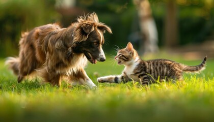 A dog and a cat play together on the grass. Pets share a playful adventure. Puppy and kitten
