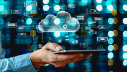 Person operating sophisticated digital cloud interface in state of the art data center