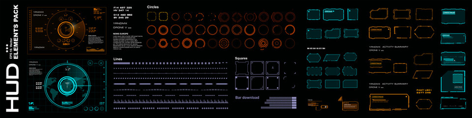 Collection vector elements for HUD user interface. Futuristic set complex GUIUI elements. Radars, frames, dialog boxes with information. Modern set of vector HUD elements