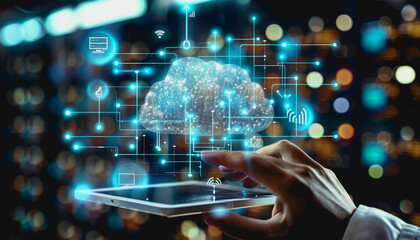 Person operating sophisticated digital cloud interface in state of the art data center