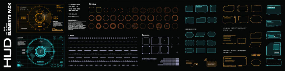 Collection vector elements for HUD user interface. Futuristic set complex GUIUI elements. Radars, frames, dialog boxes with information. Modern set of vector HUD elements