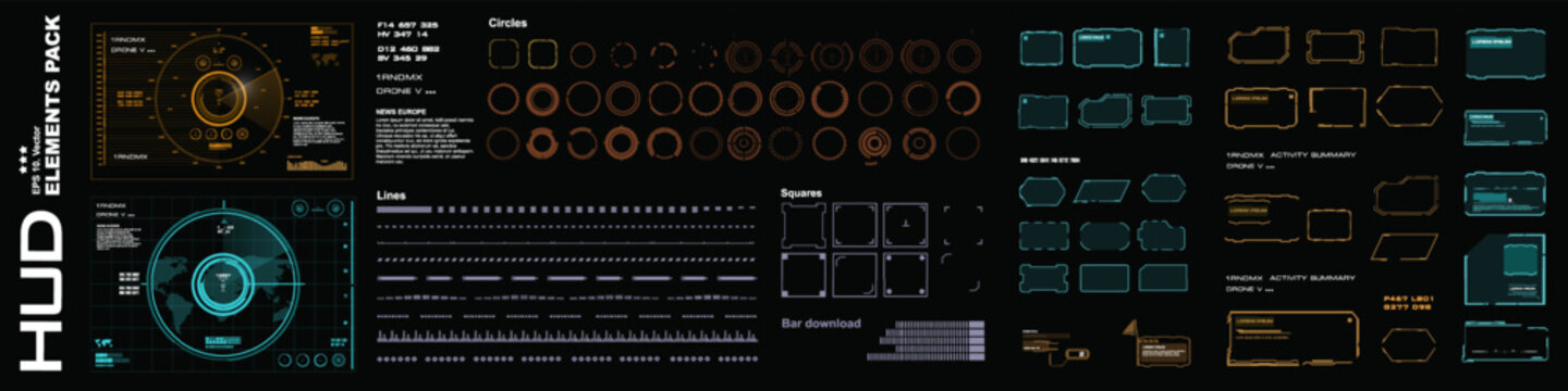 Collection vector elements for HUD user interface. Futuristic set complex GUIUI elements. Radars, frames, dialog boxes with information. Modern set of vector HUD elements
