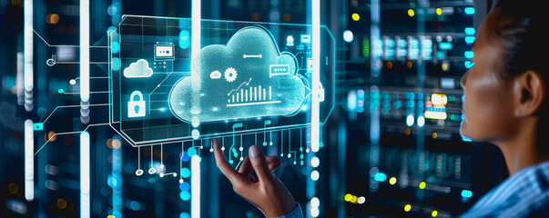 Person operating sophisticated digital cloud interface in state of the art data center