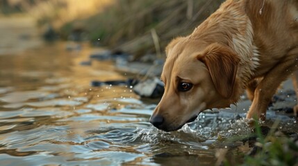 Close-up of a dog exploring a riverbank