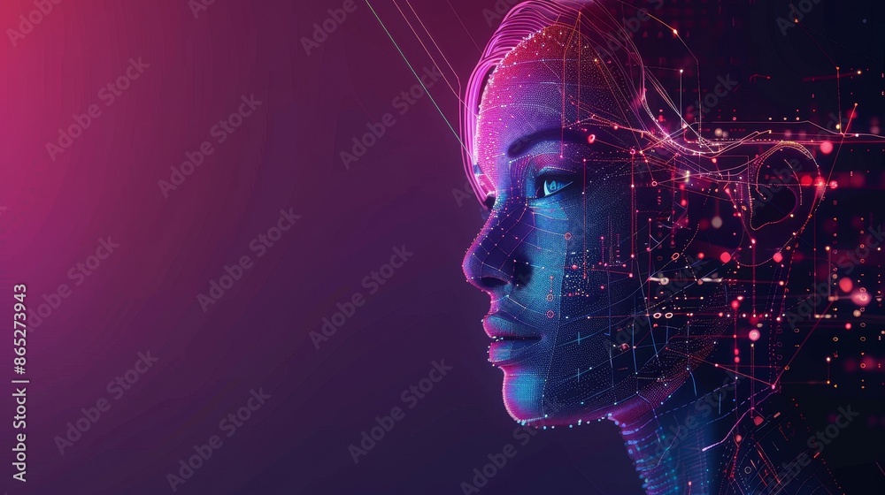 Poster cybernetic anthropomorphic woman on virtual interface looking at matrix data. head or face of artifi