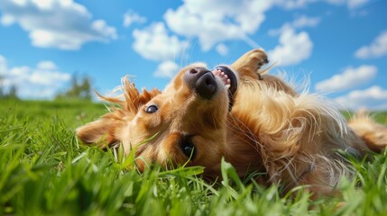 Happy dog rolling in the grass under a blue sky