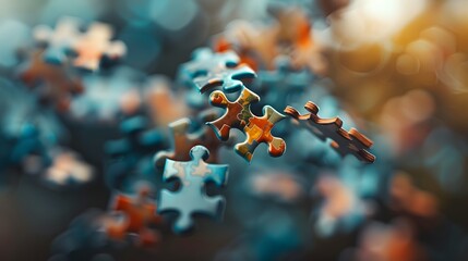 Floating Puzzle Pieces: Several puzzle pieces floating in mid-air, coming together to form a complete picture against a blurred background.