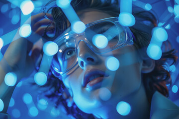 Scientist doctor hand touches virtual molecular structure in the lab.