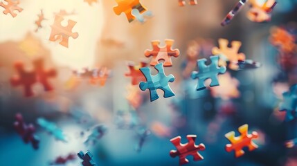 Floating Puzzle Pieces: Several puzzle pieces floating in mid-air, coming together to form a complete picture against a blurred background.
