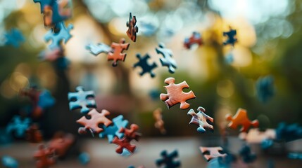 Floating Puzzle Pieces: Several puzzle pieces floating in mid-air, coming together to form a complete picture against a blurred background.