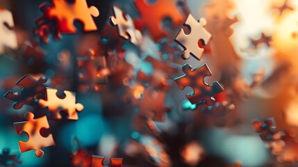 Floating Puzzle Pieces: Several puzzle pieces floating in mid-air, coming together to form a complete picture against a blurred background.