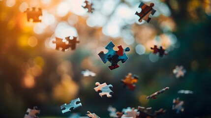 Floating Puzzle Pieces: Several puzzle pieces floating in mid-air, coming together to form a complete picture against a blurred background.